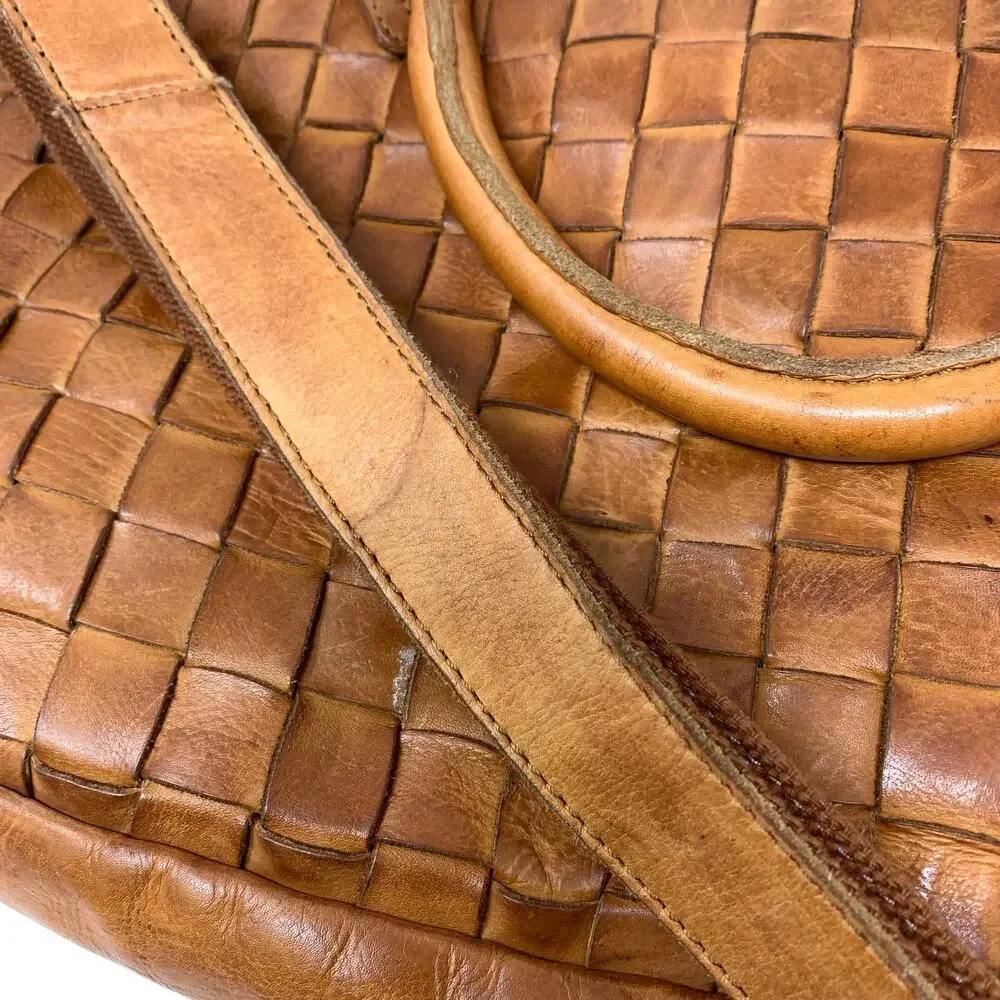Vilenca Holland Mya Woven Leather Laptop Bag Brown Top Handle Long Strap
